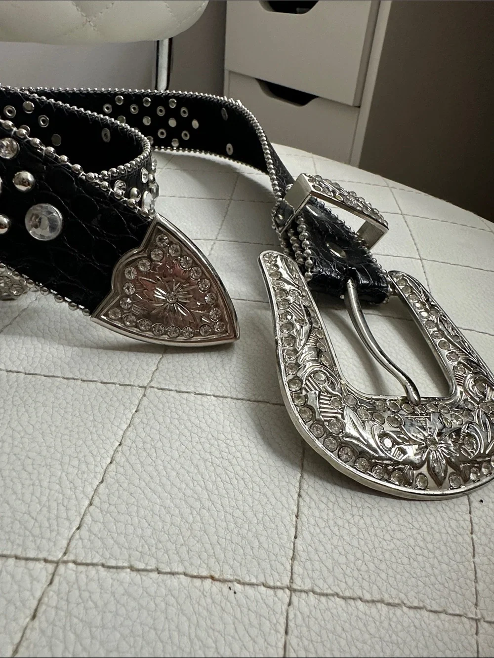 Embellished Black Leather Western-Style Belt with Ornate Silver Buckle